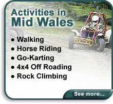 Activities near to the Self Catering Accommodation in Mid Wales Include Mid Wales Off Road Karting Horse Riding Royal Welsh Show Mountain Climbing Red Kite Feeding Station King Arthurs Labyrinth Mid Wales Shooting Centre Shopping Fishing Golf
